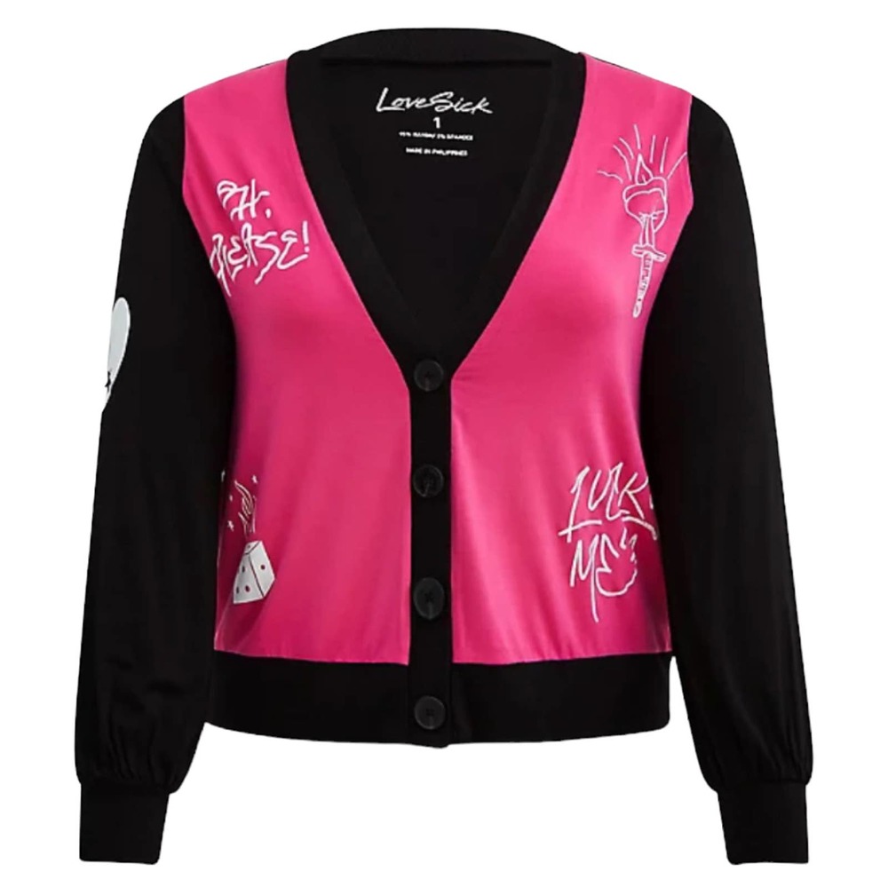 Torrid Lovesick Button-Front Cardigan Super Soft Black and Pink Size 1 NWT